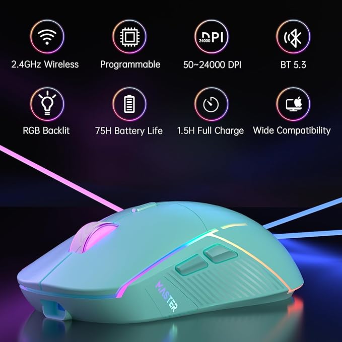 FFJ Wireless Gaming Mouse, 24000 DPI, Tri-Mode 2.4G/USB-C/Bluetooth 5.3 Gaming Mouse Wireless, RGB Programmable Mouse Gamer, 75Hrs Battery Life, Rechargeable Gaming Mice for PC, Mac, PS5, Xbox - Mint