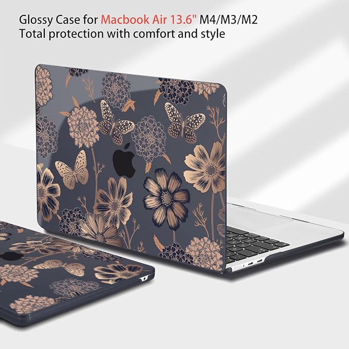 Teryeefi for MacBook Air M2 M3 M4 13.6 Case 2022 2023 2024 2025 Release A2681 A3113 A3240, Clear Hard Shell with Keyboard Cover & USB 3.0 Adapter & Screen Protector, Gold Floral Butterfly