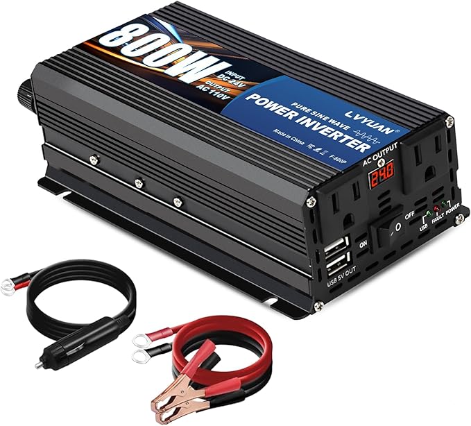 LVYUAN 800 Watt Pure Sine Wave Power Inverter 24V to 110V/120V DC to AC Converter with Dual Sockets, Dual USB Ports, LED Display for Home Outdoor RV Car Power Inverter Power Adapter