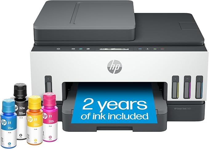 HP Smart Tank 7301 Wireless All-in-One Refillable Ink Tank Printer, Scanner, Copier with 2 years of ink included, Best for home office(28B70A)