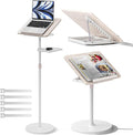 2 in 1 Adjustable Book Stand - Dual-Use Floor and Desktop Book Holder Stand, Height Adjustable 23.5-52 in, Elastic Page Clips for Music Sheet, Recipe, Tablet, Laptop-White