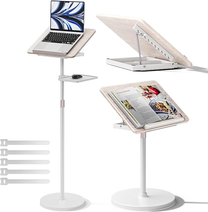 2 in 1 Adjustable Book Stand - Dual-Use Floor and Desktop Book Holder Stand, Height Adjustable 23.5-52 in, Elastic Page Clips for Music Sheet, Recipe, Tablet, Laptop-White