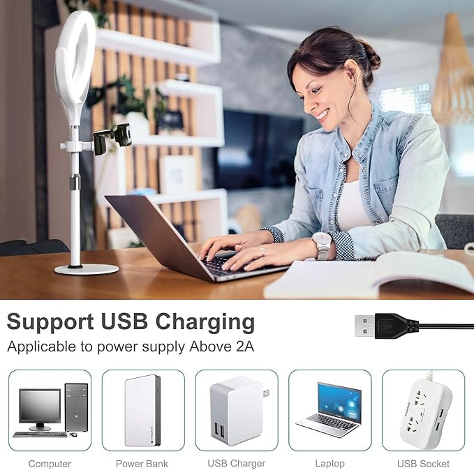 8 inch Desk Ring Light with Stand, Adjustable Computer Circle Light for Video Conference Lighting, Zoom Calls, Virtual Meeting, Video Recording, Selfie Light with Phone Holder for Streaming, Podcast