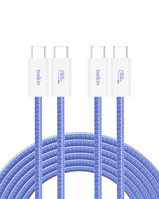 Belkin USB C to USB C Cable 2-Pack, 9.9ft, 60W - Type C Charger, iPhone Charger Cord, Soft, Braided, Flexible for iPhone 16, Galaxy S25, Pixel 9, Airpods, iPad Pro & More, Travel Essentials - Blue
