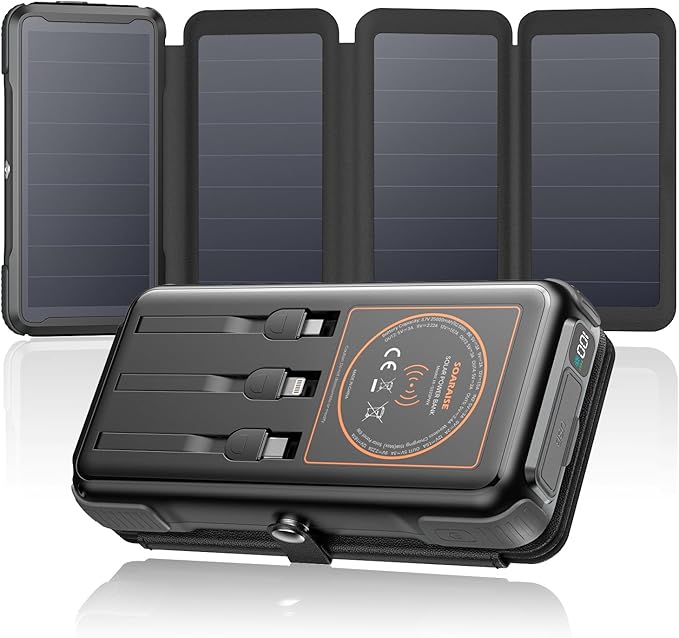 SOARAISE Wireless Solar Power Bank, 25000mAh Solar Charger with Built-in 3 Cables, Dual Outputs, 4 Solar Panels & 3 LED Flashlights, Portable Phone Charger for Outdoor Camping（Black）