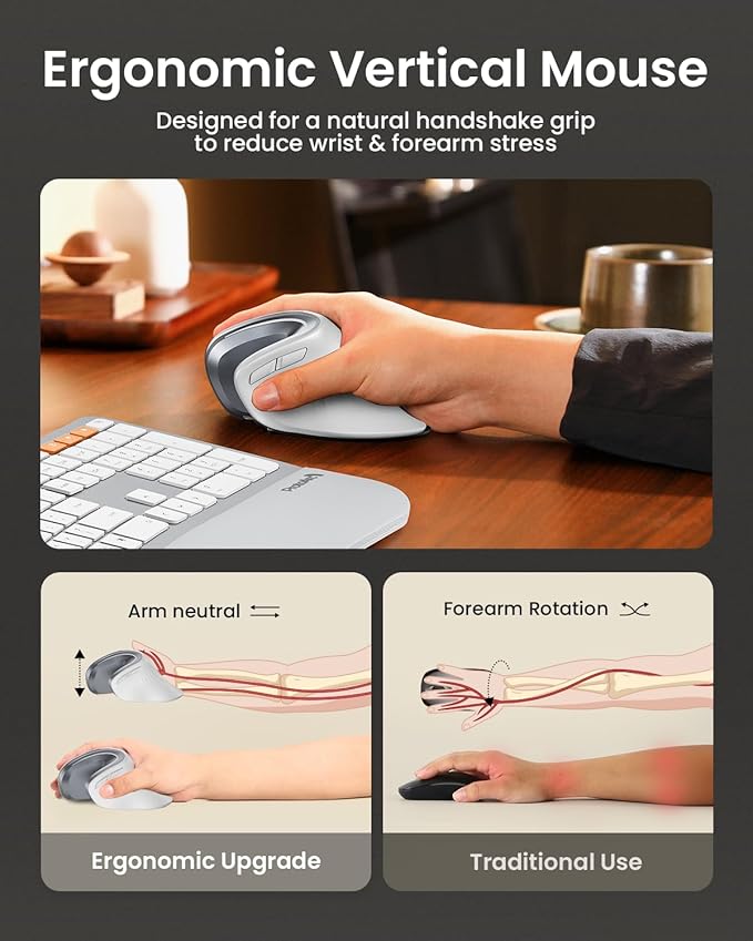 ProtoArc Ergonomic Vertical Mouse, EM11 NL Rechargeable Wireless Mouse Bluetooth, Ergo Mice with 3 Multi-Device for PC/Notebook/Laptop, 2.4GHz Optical Mice for Windows, Mac OS, White