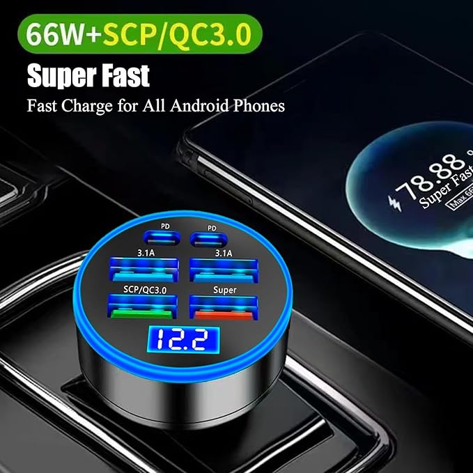 Super Fast Charge USB C Car Phone Charger Adapter 6 in 1 with Voltage Display 250W Multi Port Cigarette Lighter USB Charge for iPhone 16 15 14 13 12 11 Samsung Galaxy Huawei Oneplus Oppo Vivo