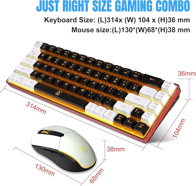 Snpurdiri 60% Wireless Gaming Keyboard and Mouse Combo,Orange Backlit Rechargeable 2000mAh Battery,Mini Mechanical Feel Anti-ghosting Keyboard + Popular RGB Mice for Gaming, Office(Black-White)