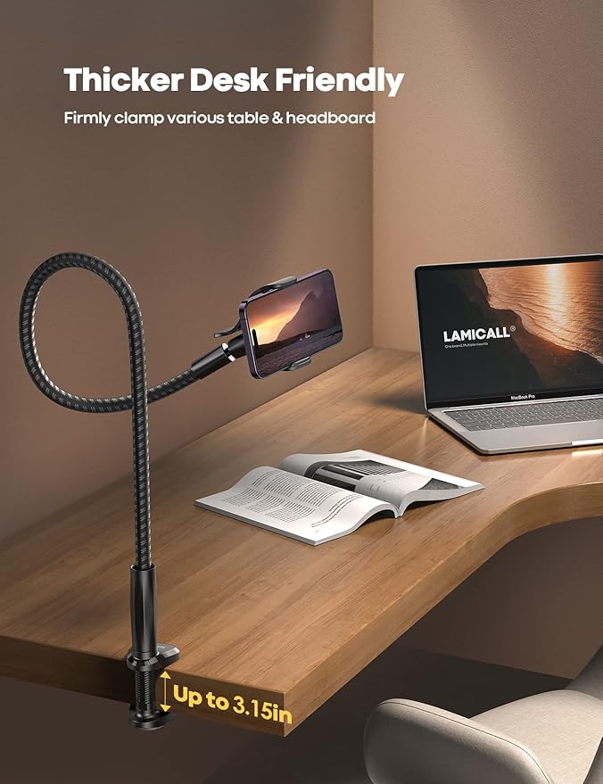 Lamicall Gooseneck Phone Holder Bed - [Nylon Braided] Flexible Arm, 38inch Overall Length, 360 Adjustable Clamp Clip, Overhead Cell Phone Mount Stand for Bed, Desk, 4-7” Cellphone