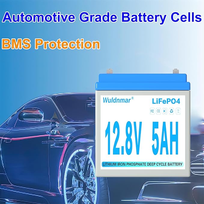 12V 5Ah LiFePO4 Battery, Lithium Battery with BMS, 3000+ Cycles, 64WH Deep Cycle Battery for Marine Battery, Car, RV, Golf Cart, Solar