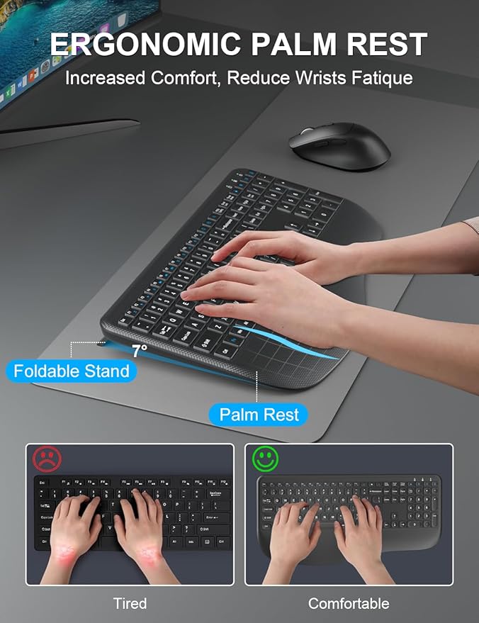 Wireless Keyboard and Mouse Combo, EDJO 2.4G Full-Sized Ergonomic Computer Keyboard with Wrist Rest and 3 Level DPI Adjustable Wireless Mouse for Windows, Mac OS Desktop/Laptop/PC (Carbon Black)