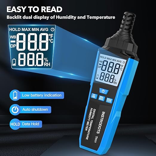 Temperature Humidity Meter, High Precision Digital Hygrometer with Ambient, Dew Point, Wet Bulb Temperature for Indoor Outdoor, Thermometer with Min/Max, Data Hold, LCD Backlight, TH11