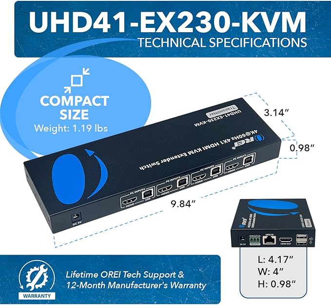 OREI 4x1 KVM 4K HDMI Over Ethernet Extender Switcher Balun Over CAT6/7 Cable 4K@60Hz Upto 230 Feet - 2 USB 1.1 Ports, Supports Keyboard and Mouse USB