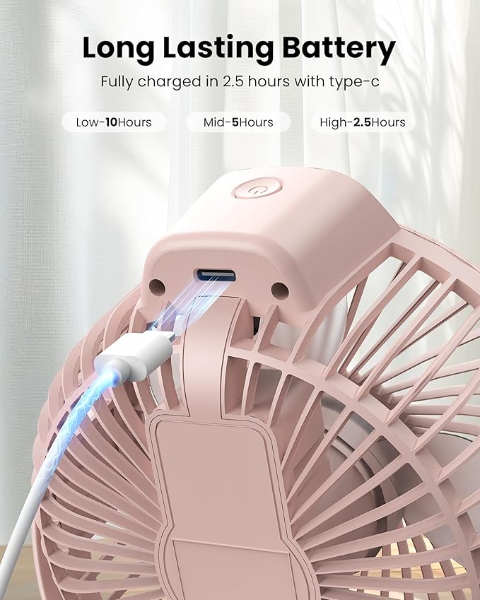 Koonie Portable Clip On Fan, Small USB Battery Operated, 3 Speed Rechargeable Mini Pink With LED Display, 360° Rotate Personal Cooling for Desk Stroller Travel Camping Golf Gym