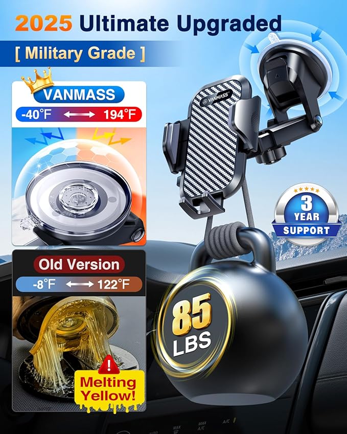 VANMASS Car Phone Holder 2025 Ultimate Military-Grade Phone Holder for Your Car Windshield Dashboard【Newest Best Strongest】 Cell Phone Car Mount with Patent & Safety Certs for iPhone Samsung Android