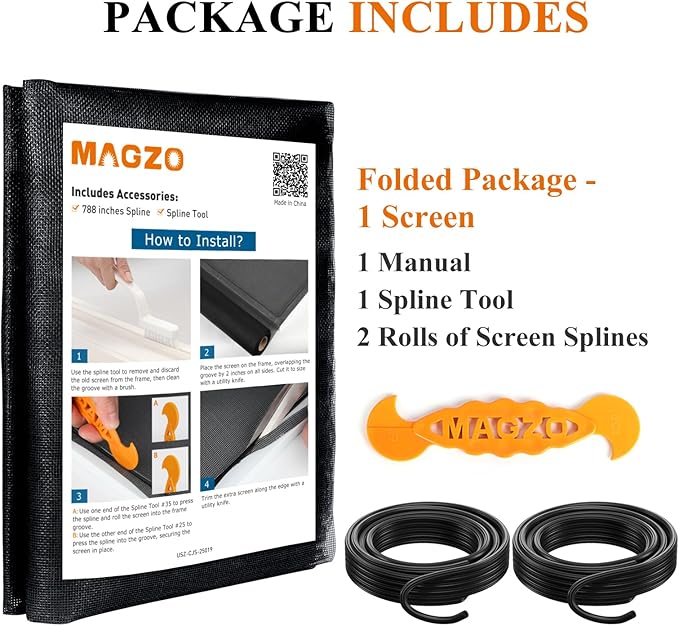 MAGZO Window&Door Screen Replacement Kit, 86" W x 196" L, with Retaining Spline(Total 65.6 FT) and Press-in Installation Tool, Polyester Scratch-Proof, Repair Adjustable Mesh for Windows&Doors, Black