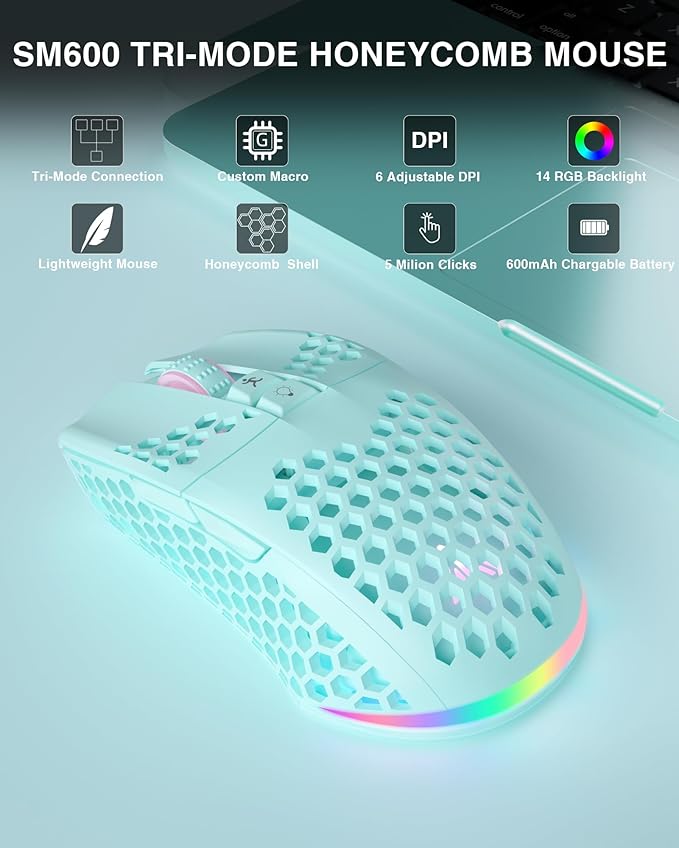 SM600 Honeycomb Shell Gaming Mouse Wireless,8000 DPI Tri-Modes BT5.1/2.4G Wireless/Type-C Wired Gamer Mouse with 2 Side Buttons, Macro Programmable and RGB Light for PC/Mac/Laptop,Green