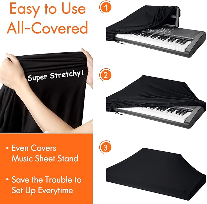 61 Keys Piano Keyboard Dust Cover, Music Stretchy Electronic DirtProof Keyboard Cover With Durable Elastic & Cord Lock Must Have Piano Accessories, Black