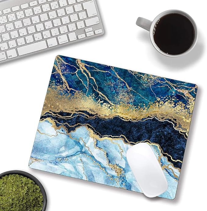 Mouse Pad, Marble Mouse Pad, Premium-Textured Mouse Mat Square Waterproof Non-Slip Rubber Base Computer Mousepad for Office Laptop Desk, Blue Gold Cracked Marbling