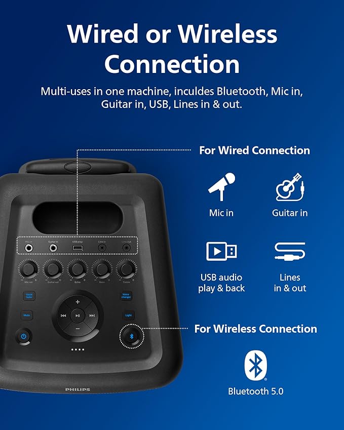 Philips X5206 bluetooth party speaker, portable with wheels, exciting light show, karaoke machine with microphone and Guitar Input, powerful bass & subwoofer, long playtime, perfect for outdoor events
