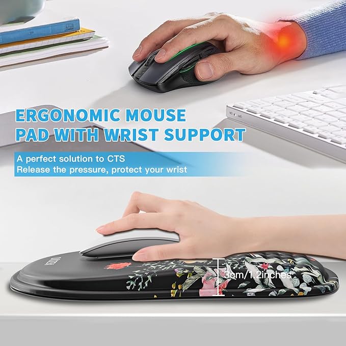 Mouse Pad with Wrist Rest, Ergonomic Mousepads with Wrist Support, Soft Lycra Fabric Memory Foam Office Desk Accessories for Comfort/Pain Relief/PC Gaming/Computer/Laptop (Black Flower)