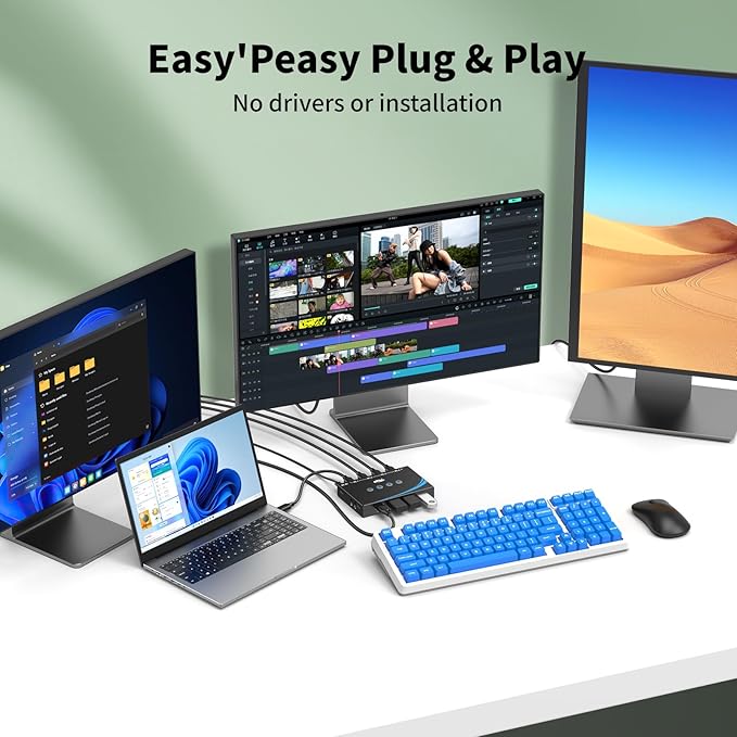 eKL USB 3.0 Switch 4 Computers Share 4 USB 3.0 Ports USB Switcher for PC Laptop Mouse Keyboard Scanner Printer One Button Switch with 3.5mm Headphone Jack and 4 Pack Cables