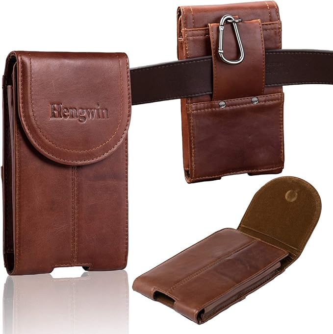 Hengwin Genuine Leather Cell Phone Holster Belt Case with Belt Clip Vertical Phone Holder Fits for iPhone 17 Pro Max 16 Pro Max 15 Plus Samsung Galaxy A55 Note9 S25+ S23+ Holster Belt Pouch (Brown)