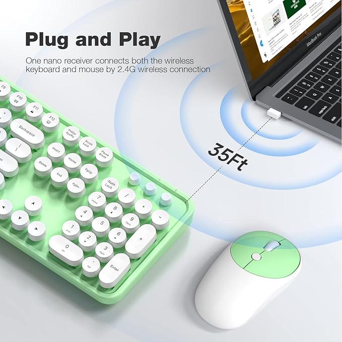 KNOWSQT Wireless Keyboard and Mouse Combo - White-Green Full-Sized 2.4 GHz 104 Keys Typewriter Cute Keyboard, Round Keycap and Optical Mouse for Windows, Computer, PC, Laptop, Desktop