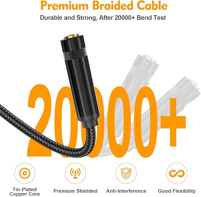 HOSONGIN 1/4 TRS Stereo Jack to Dual 1/4 TS Mono Y-Splitter Insert Cable, Nylon Braided Jacket Gold-Plated Plug Double Shielding Cable, 1 Feet