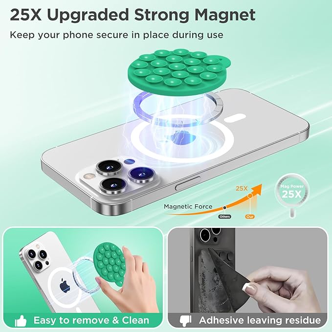 Magnetic Suction Cup Phone Mount for MagSafe Case, Silicone Hands-Free Grip Holder for iPhone and Android, Mirror Shower Phone Stand for Makeup FaceTime Gym Kitchen Bathroom, Emerald Green