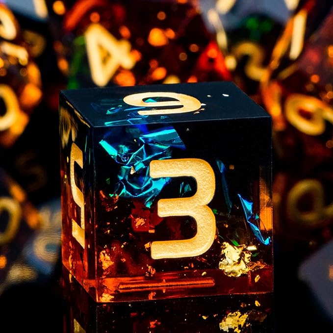 ARUOHHA DND Resin Dice Set 7Pcs Handmade Glitter Inclusions Sharp Edge Dragons Dice with Box, Role Playing Game RPG Lightning Polyhedral Dungeons D and D Dice Set