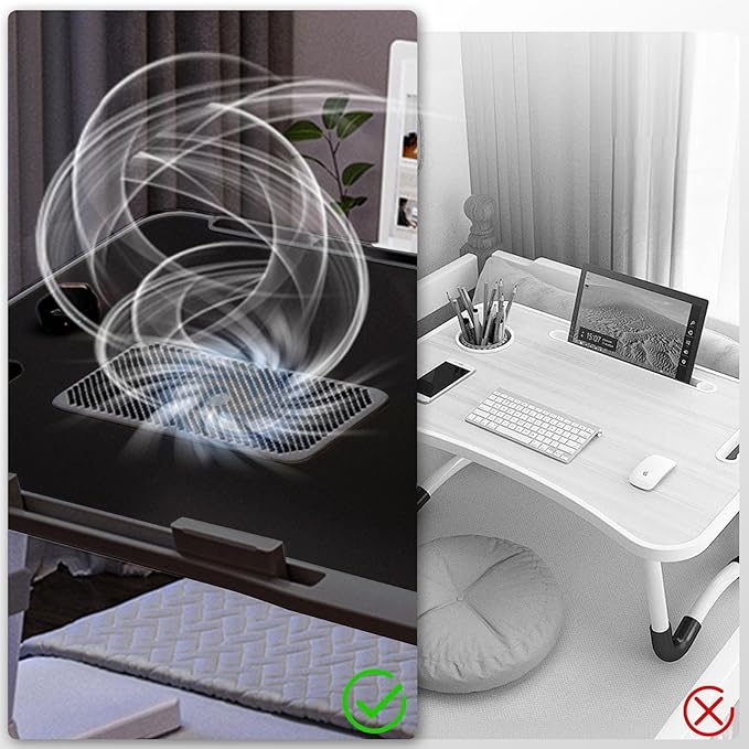 Laptop Lap Desk Include Cooling Fan,Adjustable Lap Desk with Light Fan,Folding Laptop Desk for Bed with USB,Bed Desk with Storage Drawer 60 * 40cm,Black