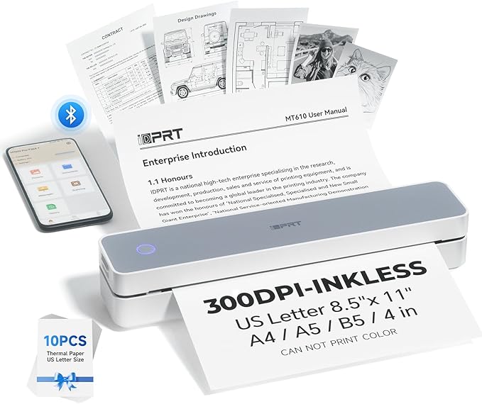 iDPRT Portable Printer Wireless for Travel, 300DPI Bluetooth Thermal Printer Support for 8.5"x11" US Letter, Inkless Compatible with iOS, Android, Laptop for Office, Car and Home, School