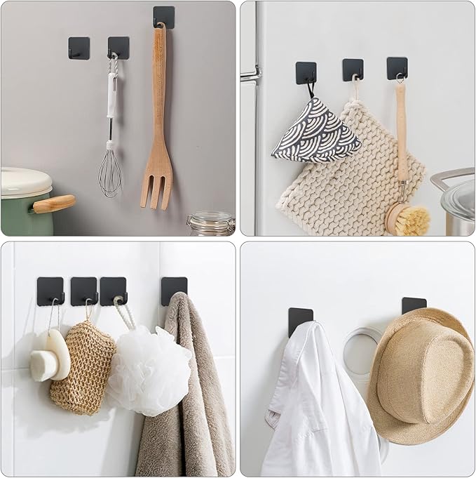 VIS'V Adhesive Hooks, Metal Shower Wall Stick on Hooks, Waterproof, 2 Extra Adhesive Strips, Black, 4 Pcs