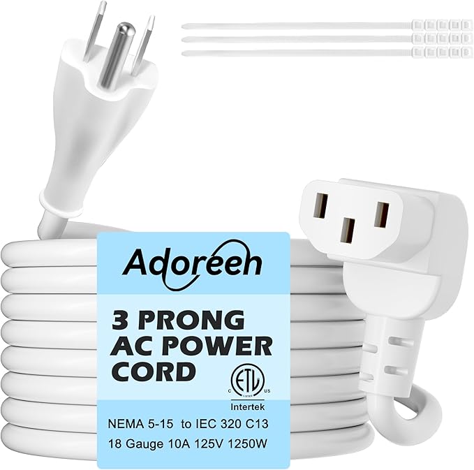 Adoreen 6 Ft Computer TV Replacement Power Cord White, 90 Degree Angled L-Shaped 18AWG 3-Prong AC Universal Power Supply Cable NEMA 5-15P to IEC 320 C13 for Printer, PC, Monitor TV LCD, ETL+Ties