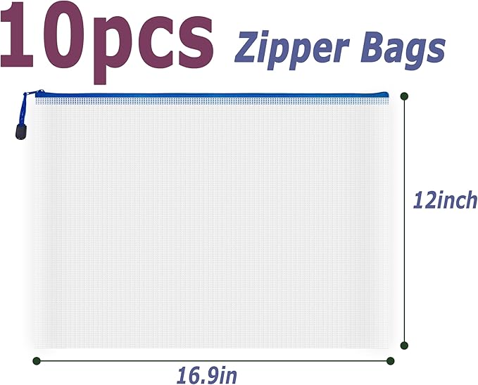AUSTARK 10 Pcs Zipper File Bags, Waterproof Plastic Mesh Pouch for Office School, Board Game Storage Bags (A3 Size 16.9''x12'', White and Blue)