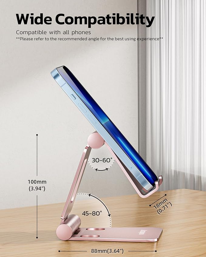 Nulaxy Dual Folding Cell Phone Stand, Fully Adjustable Foldable Desktop Phone Holder Cradle Dock Compatible with iPhone 17 16 15 14 13 12 11 Pro Max Xs Xr X 8, Nintendo Switch, All Phones - Rose Gold