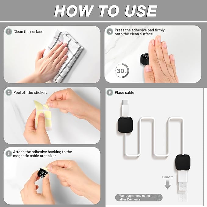 SaiTech IT Pack of 8 Magnetic Cable Clips, Cord Organizer Holder, for Desk Cable Management, Adhesive Wire Keeper for Car, Office Home Desktop, Wall, Night Table-Black