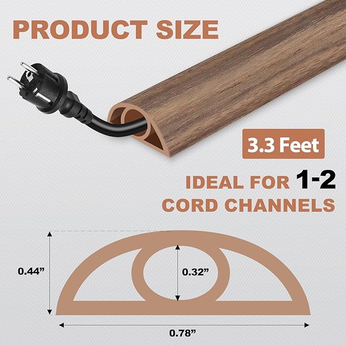 Floor Cord Cover for Wires on Floor Self Adhesive Cord Hider Floor Cable Management Wire Covers for Cords Protector Prevent Cable Trips Cord Cavity W 0.32" x H 0.32", Misty Brown Wood, 3.3Ft