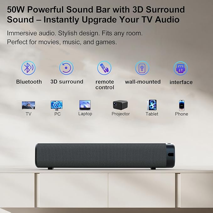 Sound Bar for Smart TV , Surround Sound System for TV – 50W Bluetooth Soundbar with Bluetooth, ARC, Optical, and AUX Connectivity, Remote Control, Wall-Mountable, Compatible with TV, PC, and Phone
