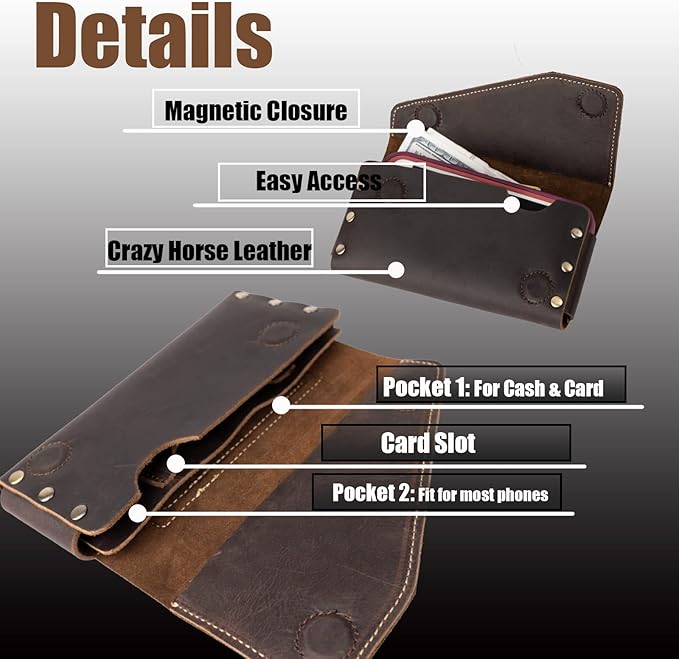 topstache Leather Phone Holster with Belt Loop, Magnetic Closure Cell Case Card Holder Wallet,Leather Pouch for iPhone 14 Pro,Galaxy S23(Fits Otterbox on) L,Darkbrown, Belt Loop-Darkbrown (C0403)