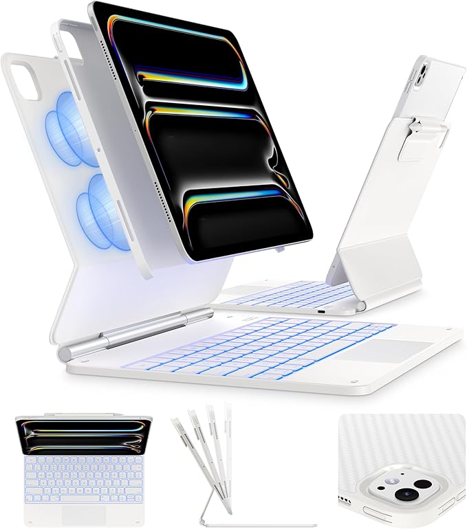typecase Keyboard Case for 2024 iPad Pro 13-inch (M4), White Keyboard with White Carbon Fiber Protective Case,Portrait & Typing Modes,Built-in Trackpad,11-Color Backlight,Magnetic Stand,Pencil Holder