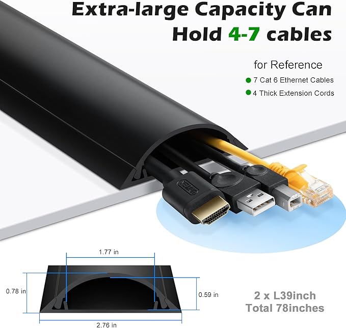 Cord Cover Floor 6.6ft (2 x L3.3ft), Large Capacity Floor Cable Cover, Hard PVC Cord Hider, Wire Cable Management Raceway, Black, Cord Cavity - 1.8"(W) x 0.6"(H)