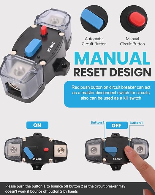 30 Amp Circuit Breaker 12-48 Volt DC 30A Self Recovery Resettable High Amp Circuit Breaker with Manual Reset Button for Automotive RV Marine Boat Car Audio and Amps Protection