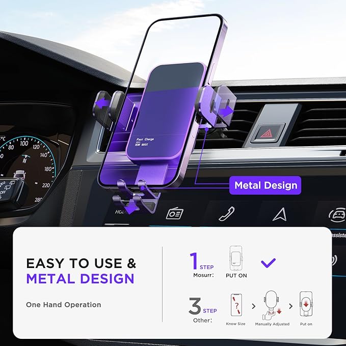 Wireless Car Charger,【7 Colored RGB Backlit】15W Auto Clamping Car Charger Phone Mount Holder for iPhone 16 15 14 13 12 Mini Pro Max 11, Samsung Galaxy S24 Ultra S23 S22 S21+ S10+ Note 20, etc - Purple