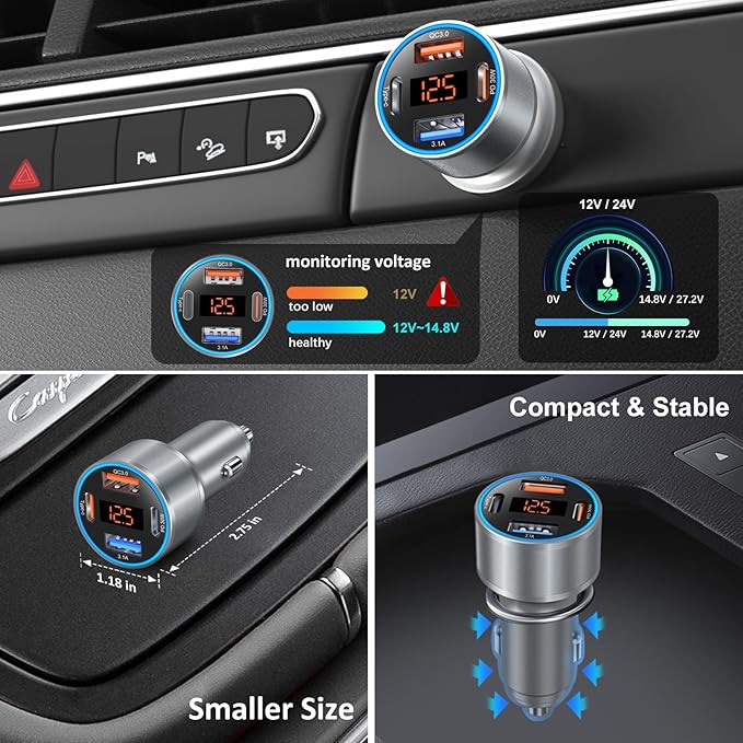 Car Charger USB C, 65W Dual 12V Cigarette Lighter USB Car Adapter with Voltage Display Multi Port PD/QC 3.0 Super Fast Charging Car Phone Charger for iPhone 16 15 14 13 12 Pro,Tablet,Android(Gray)