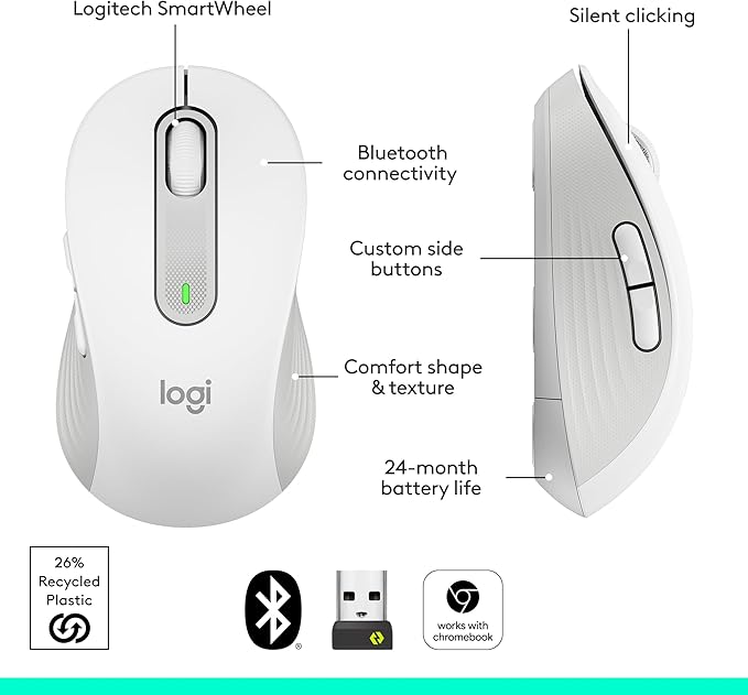 Logitech Wireless Mouse Signature M650 - Small to Medium Sized Hands, Right Handed, 2-Year Battery, Silent Clicks, Customizable Buttons, Bluetooth, PC/Mac?Chromebook - Off White