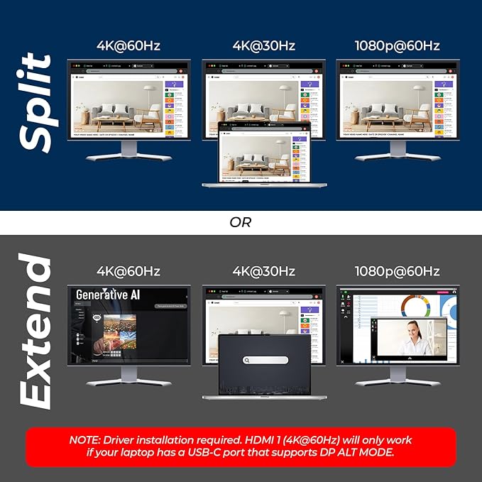 OREI SplitExtend Laptop Docking Station 3 Monitors - 2X USB 3.0, 1x Type-C, SD Card Reader - USB C Docking Station to HDMI 2.0 Extended Screen, 4K@30Hz Outputs - 100W PD