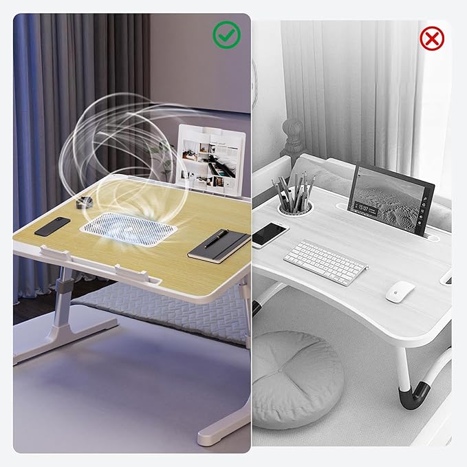 Laptop Lap Desk Include Cooling Fan,Adjustable Lap Desk with Light Fan,Folding Laptop Desk for Bed with USB,Bed Desk with Storage Drawer 60x40cm,White Oak