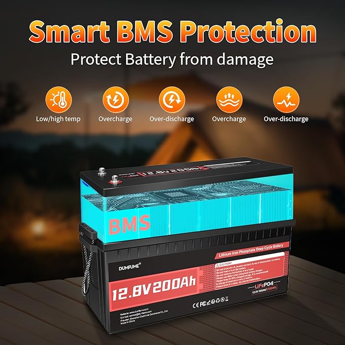 2 pack Dumfume 12V 200Ah LiFePO4 Lithium Battery,2560Wh Energy,1280W Load,200A BMS & 95% Discharge Efficiency,15000+ Cycles for Solar RV Marine Trolling Motor Home Backup